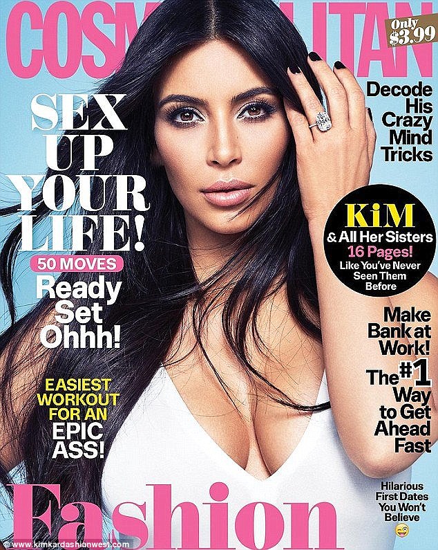 The Kim we know: Lastly came her Cosmopolitan cover. Her hair is down and she is showing off her cleavage. Her hand is up to her face showing off that diamond again. 'My November cover of Cosmopolitan for their 50th anniversary felt so modern and sexy!' she said 