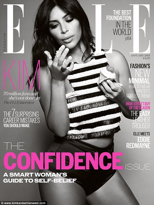 Sticky: First was her British Elle cover for January. Kim wore a black and white tank top and black micro shorts, and had cupcake frosting on her hands. 'My January 2015 cover for Elle magazine was sexy and playful at the same time' 