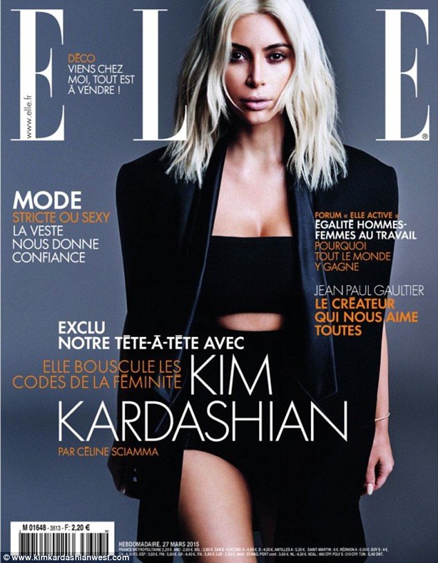 Diva: A blonde Kim followed for Elle France. She wore black and her cleavage and thigh can be seen. She said she was 'obsessed' with the look 