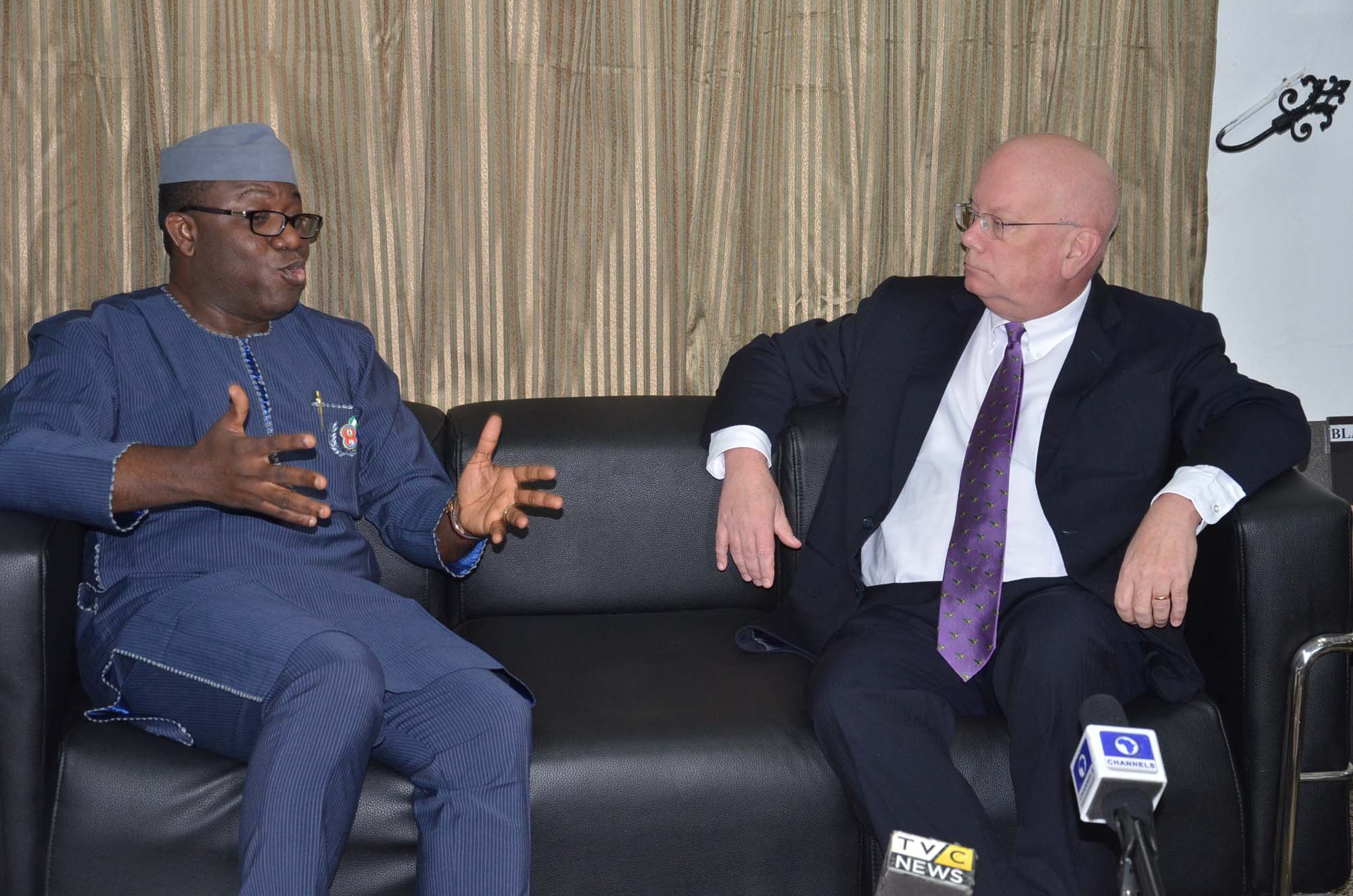 Minister of Solid Minerals Development, Dr Kayode Fayemi; with the American Ambassador to Nigeria, Mr. James Entwistle; during a meeting with the minister in Abuja