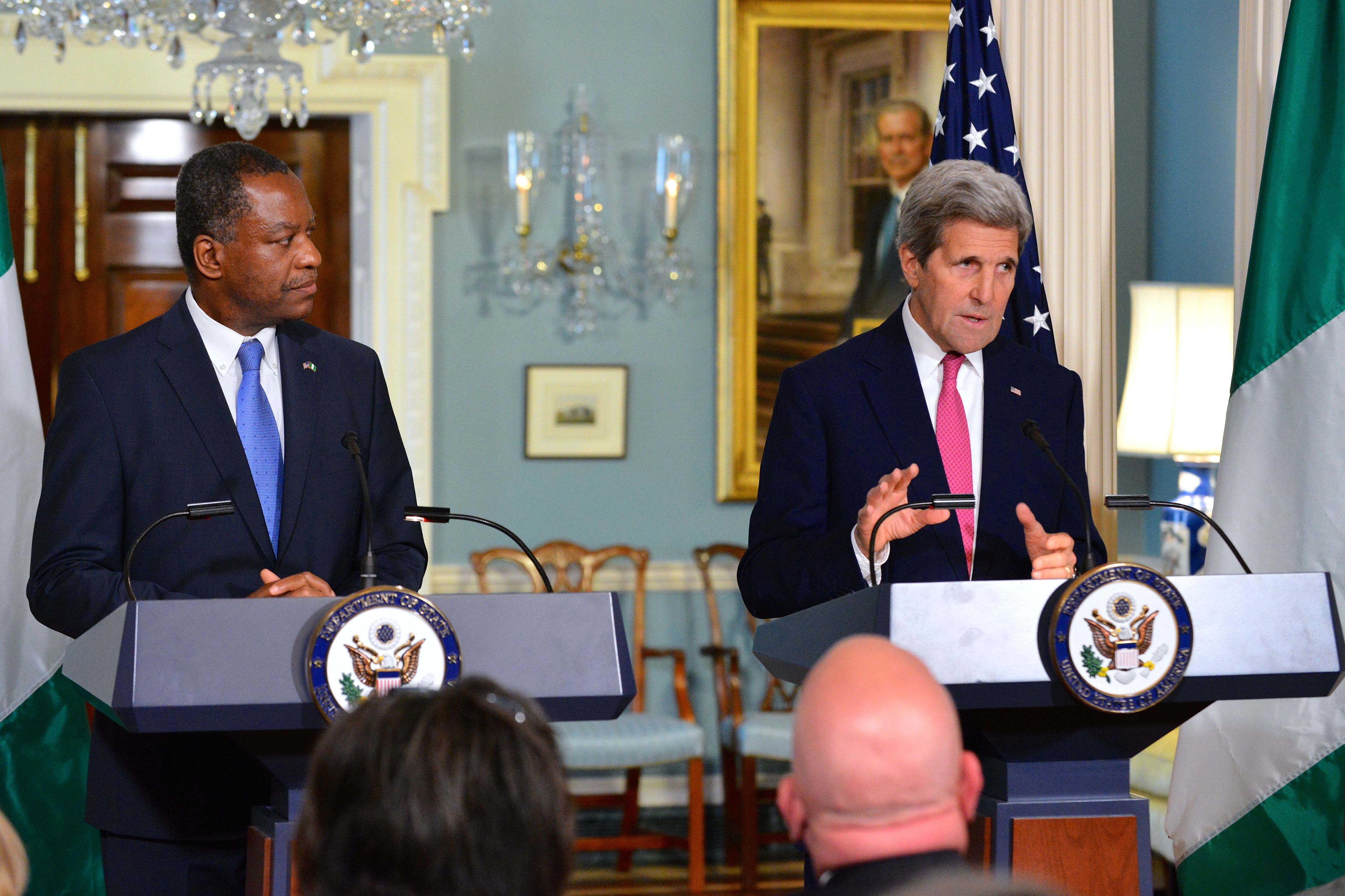 Nigeria's Foreign Affairs Minsiter, Geoffery Onyeama looks on as US Secretary of State John Kerry delivers remarks at the U.S.-Nigeria Binational Commission in Washington